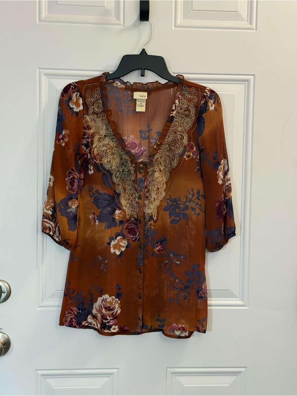 Daytrip Rust Floral Lace-Trim Button Front Blouse
